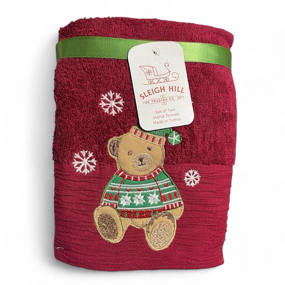 Sleigh Hill Christmas Bear Hand Towel Set 2 Red Embroidered Turkish Cotton NEW